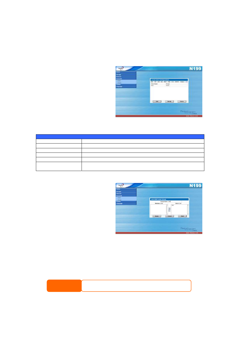 User and group management, Local user configuration, Adding users | Thecus Technology Thecus N199 User Manual | Page 33 / 94