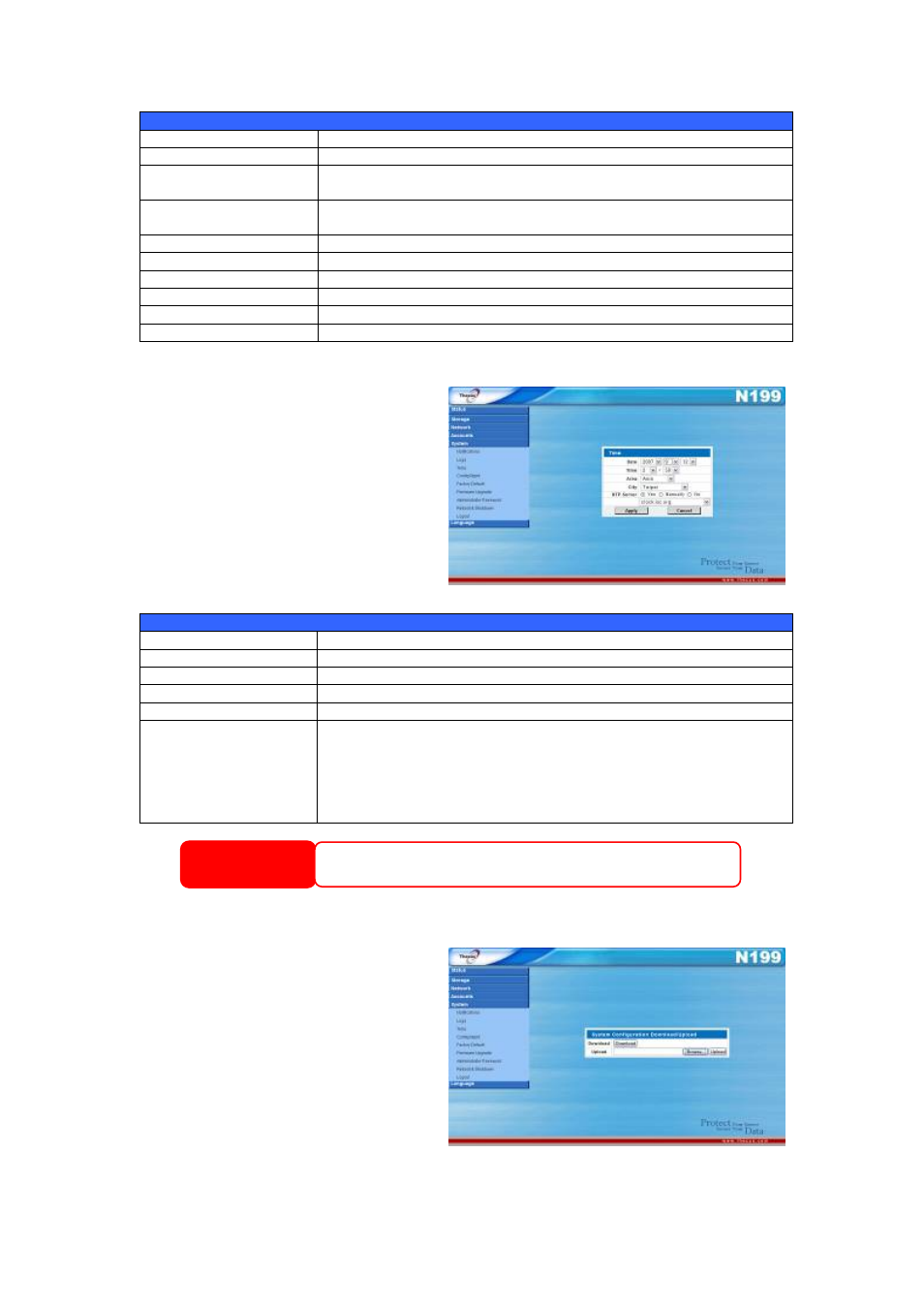 Time and date settings, System configuration backup and restore, Warning | Thecus Technology Thecus N199 User Manual | Page 37 / 94