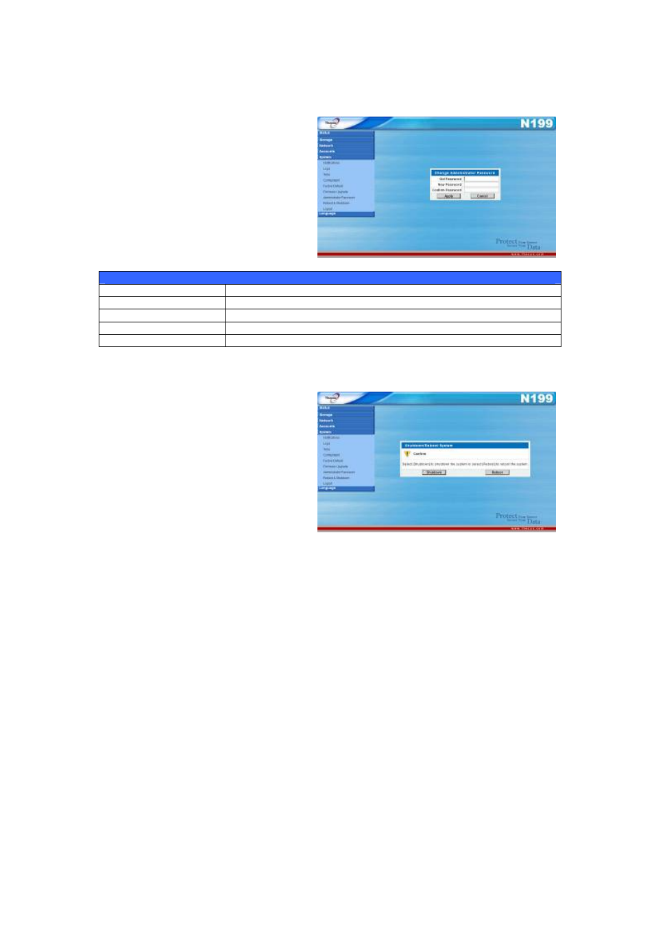 Change administrator password, Reboot and shutdown system, Logout | Thecus Technology Thecus N199 User Manual | Page 39 / 94