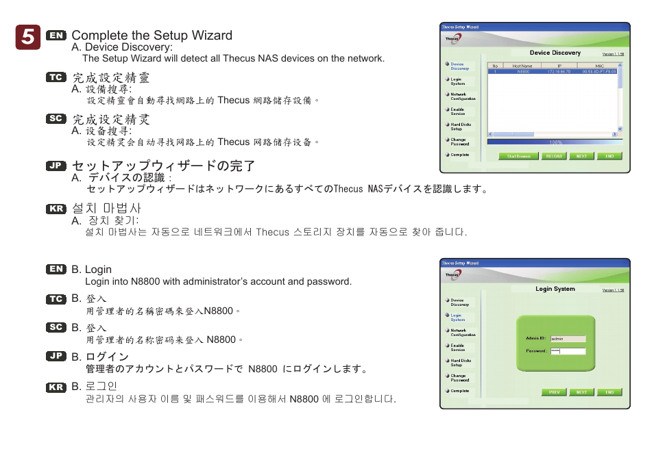 Complete the setup wizard, 完成设定精灵, 설치 마법사 | セットアップウィザードの完了, 完成設定精靈 | Thecus Technology IP Storage Server N8800 User Manual | Page 4 / 6