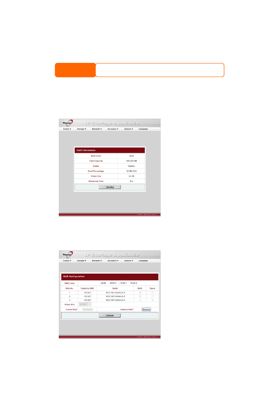 Raid setup and firmware installation, Click config, Setting up the raid | Select a stripe size – the default is 64k | Thecus Technology M3800 User Manual | Page 17 / 104