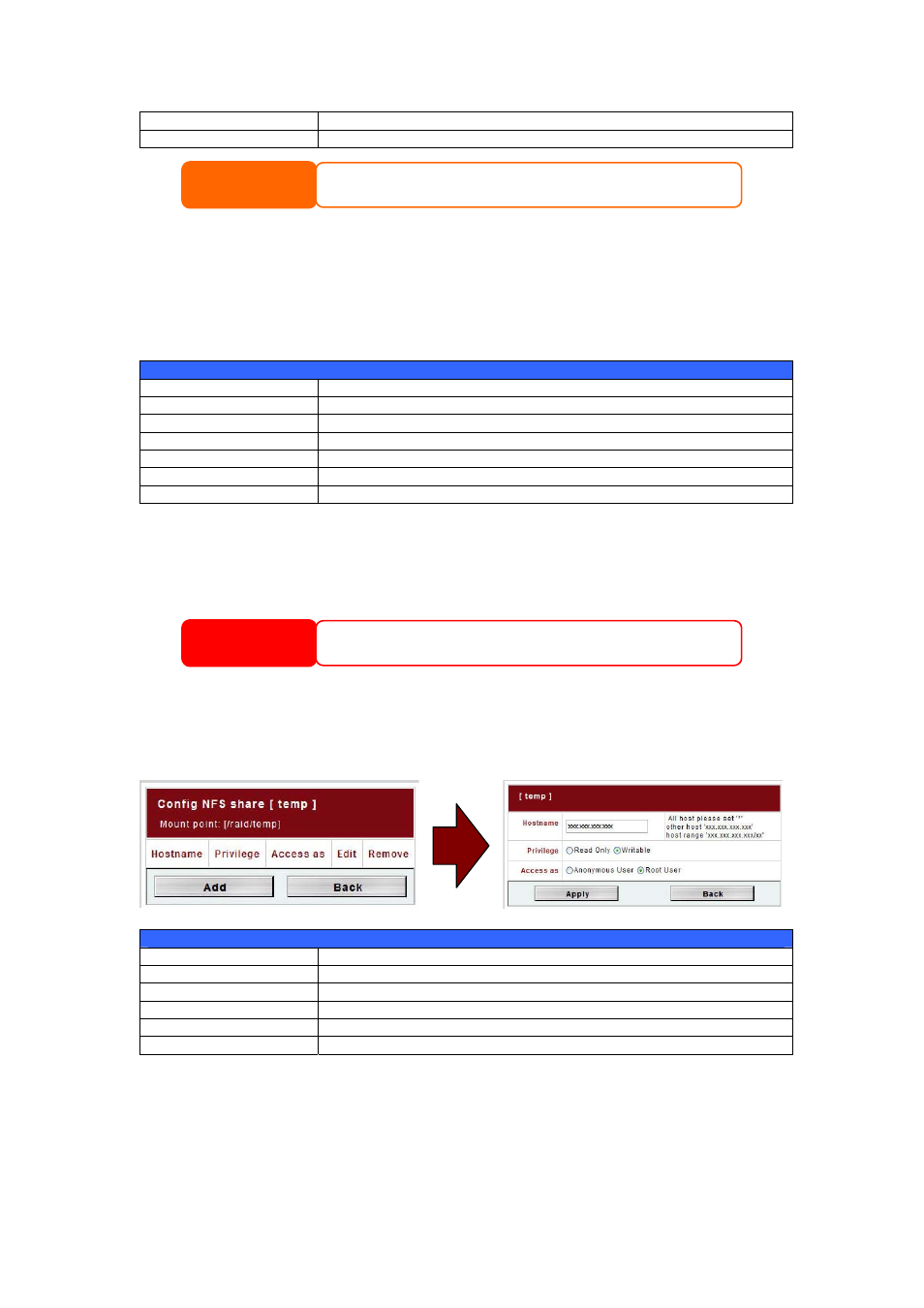 Editing folders, Deleting folders, Nfs share | Folder management, Warning | Thecus Technology M3800 User Manual | Page 30 / 104