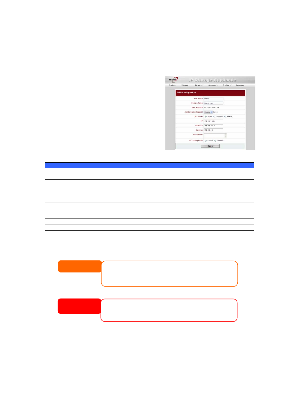 Network management, Wan configuration, Warning | Thecus Technology M3800 User Manual | Page 32 / 104
