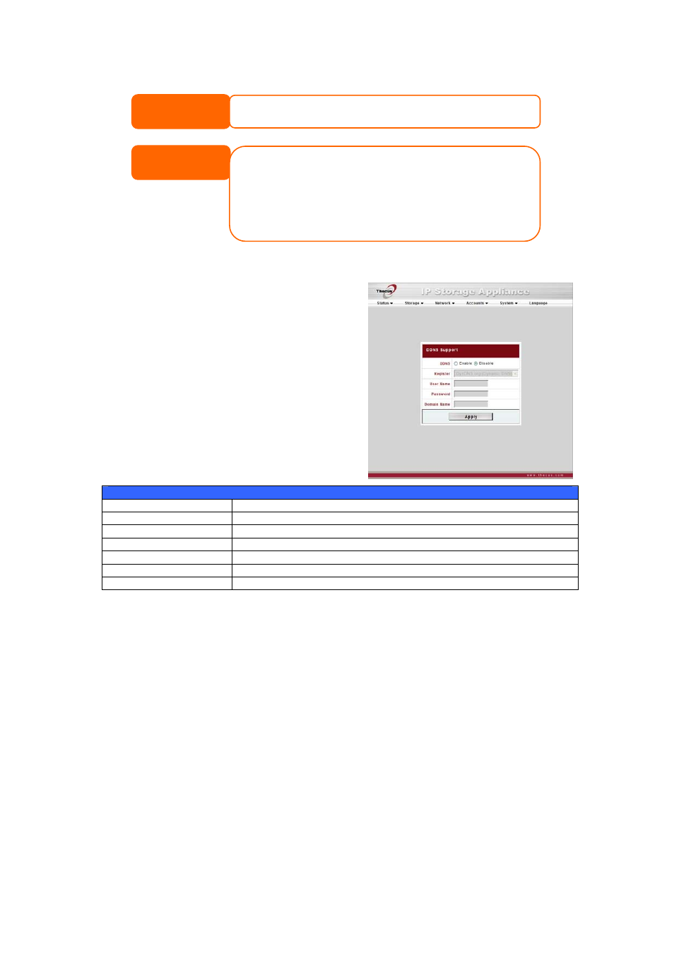 Ddns configuration, Typical ddns configuration procedure, Go to http://www.dyndns.org from your home pc | Click on the sign up now link, Wait for an email from www.dyndns.org, Click apply to save your changes | Thecus Technology M3800 User Manual | Page 35 / 104