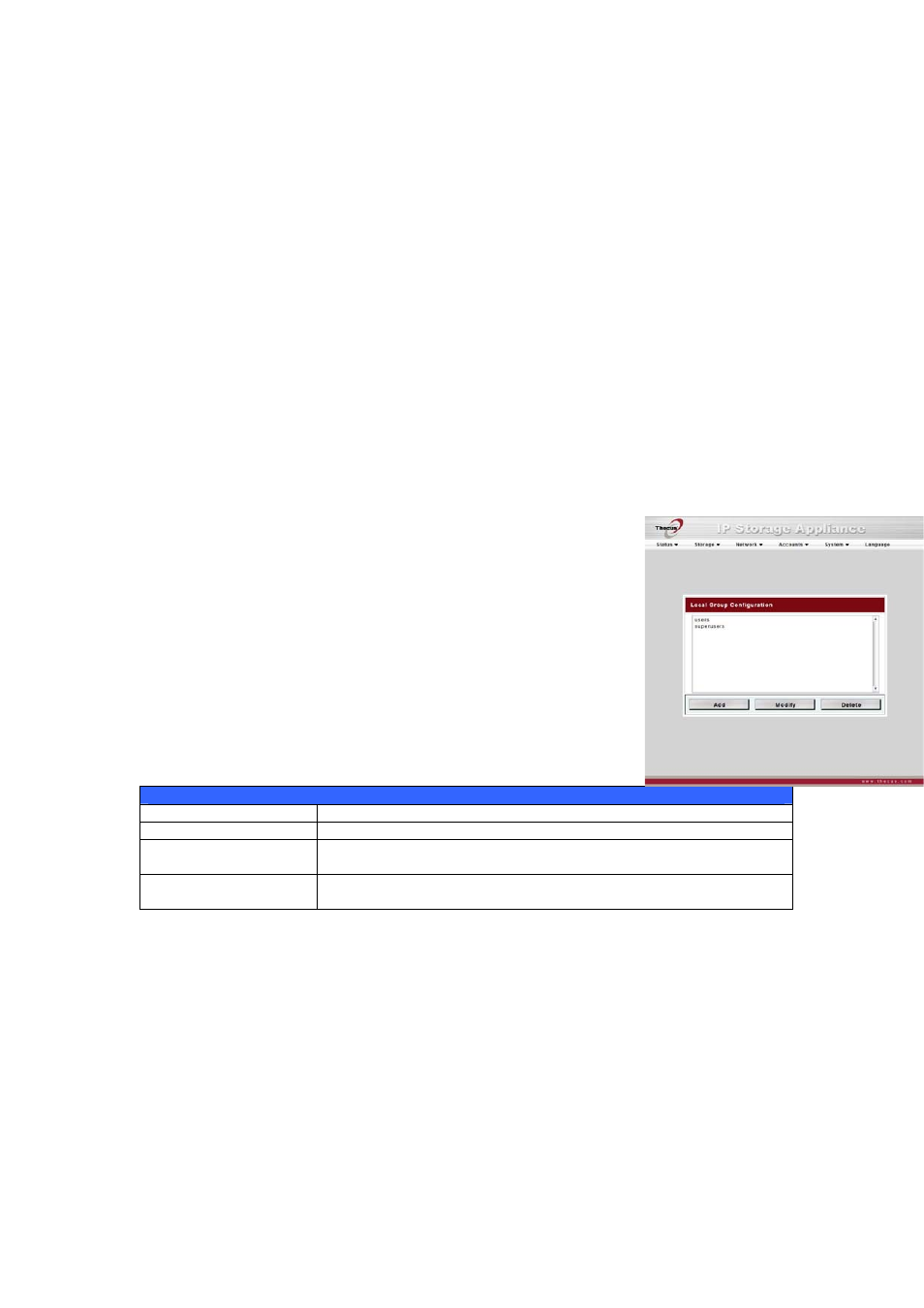 Modifying users, Deleting users, Local groups configuration | Adding groups, The local group setting screen appears, Click the apply button to save your changes | Thecus Technology M3800 User Manual | Page 39 / 104