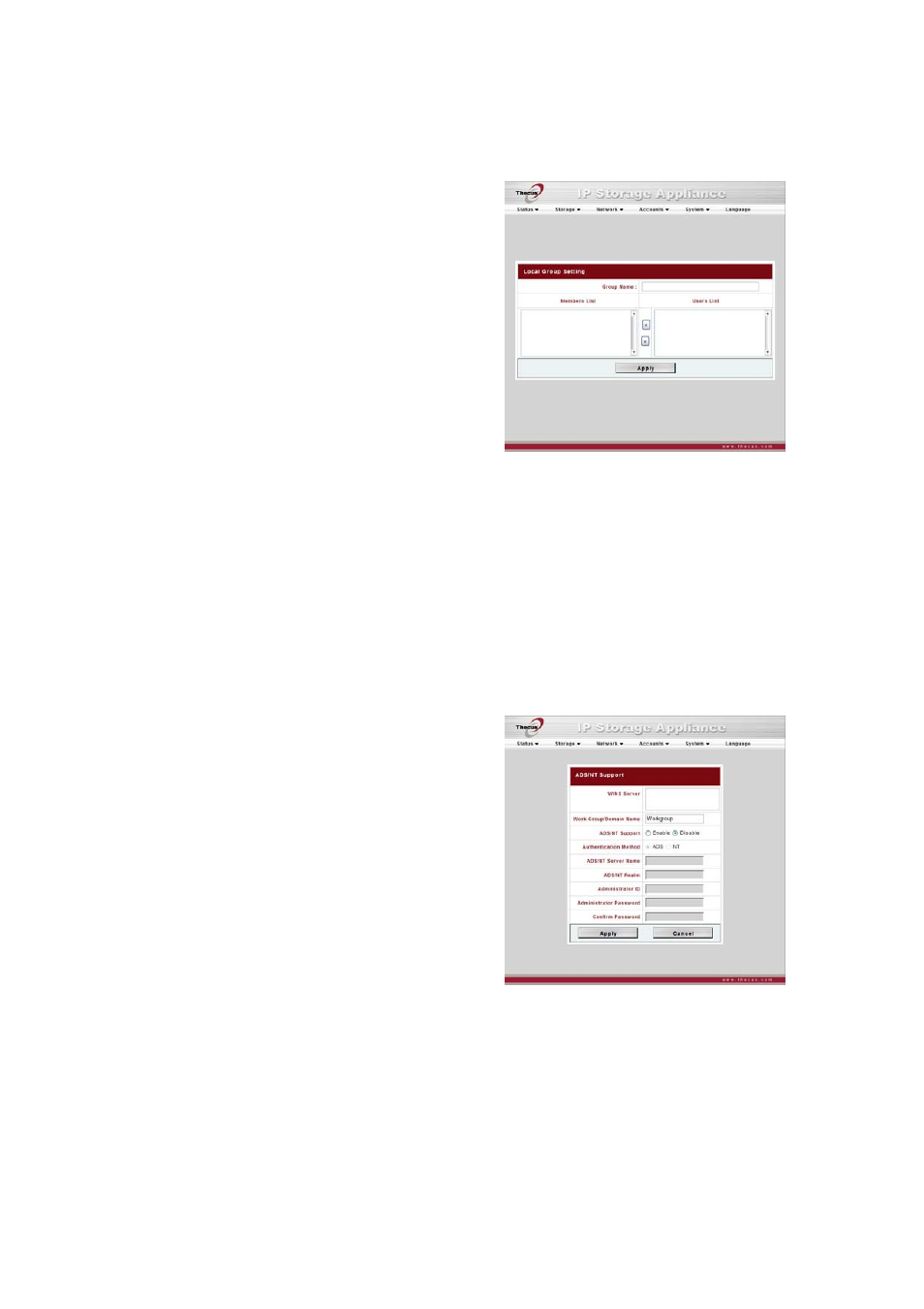 Modifying groups, Click the apply button to save your changes, Deleting groups | Press delete to delete the group from the system, Ads/nt configuration | Thecus Technology M3800 User Manual | Page 40 / 104