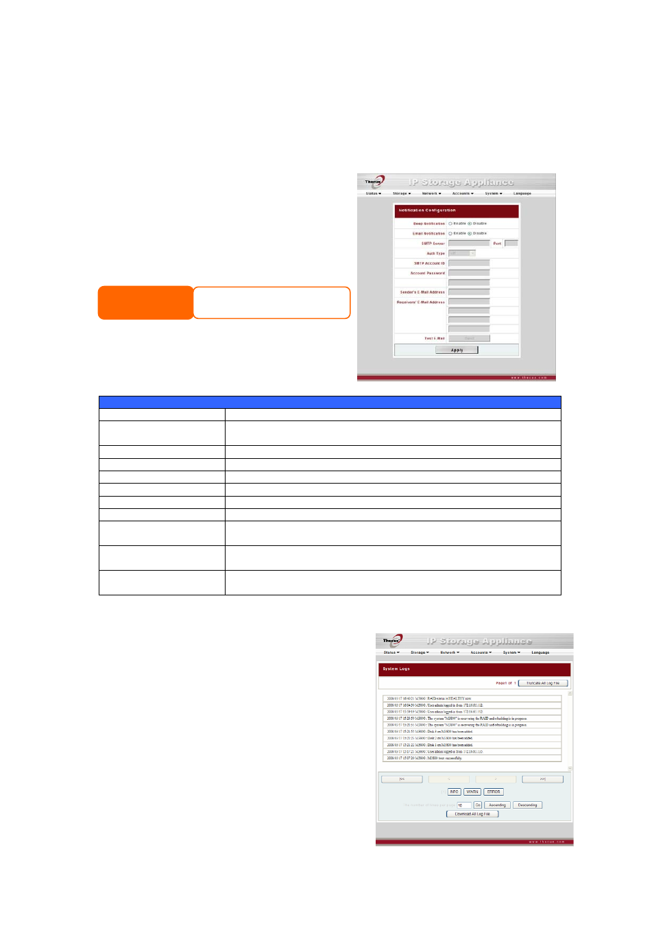 System settings, System notifications, System logs | Thecus Technology M3800 User Manual | Page 42 / 104