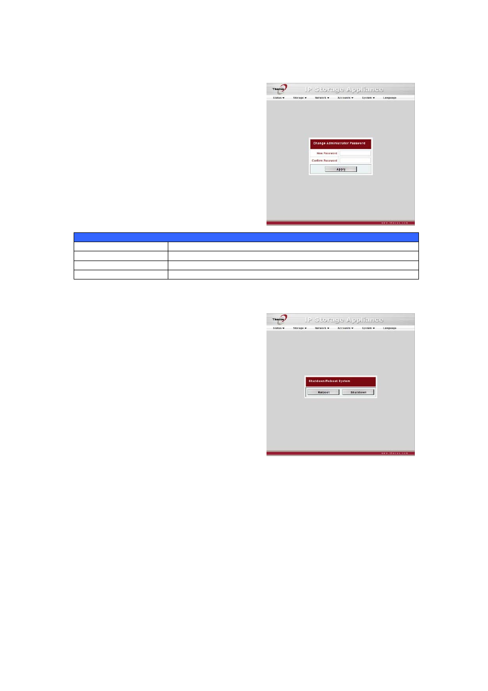 Change administrator password, Reboot and shutdown system | Thecus Technology M3800 User Manual | Page 46 / 104