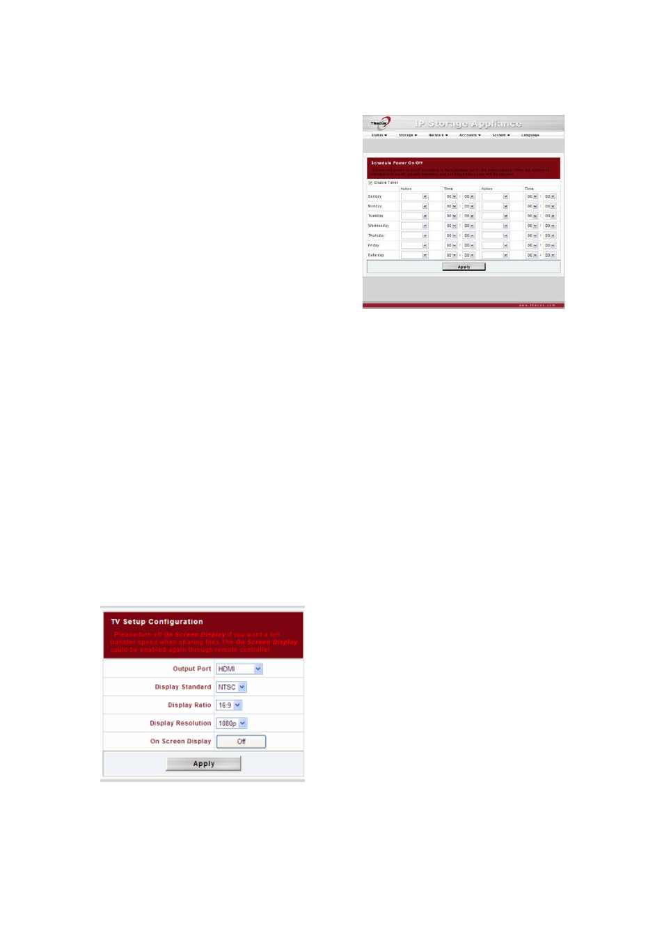 Scheduled power on/off, Example - monday: on: 8:00; off: 16:00, Example - monday: on: 8:00 | Example - monday: off: 8:00; off: 16:00, Tv setup, Logout | Thecus Technology M3800 User Manual | Page 47 / 104