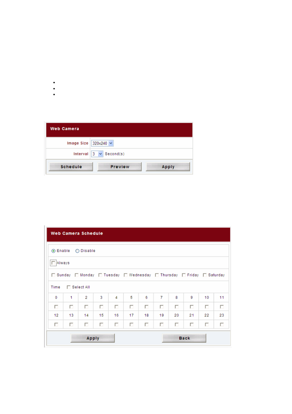 Note, 160x120, 320x240 | 640x480, Click apply to save your changes, Adding a web cam schedule | Thecus Technology M3800 User Manual | Page 65 / 104