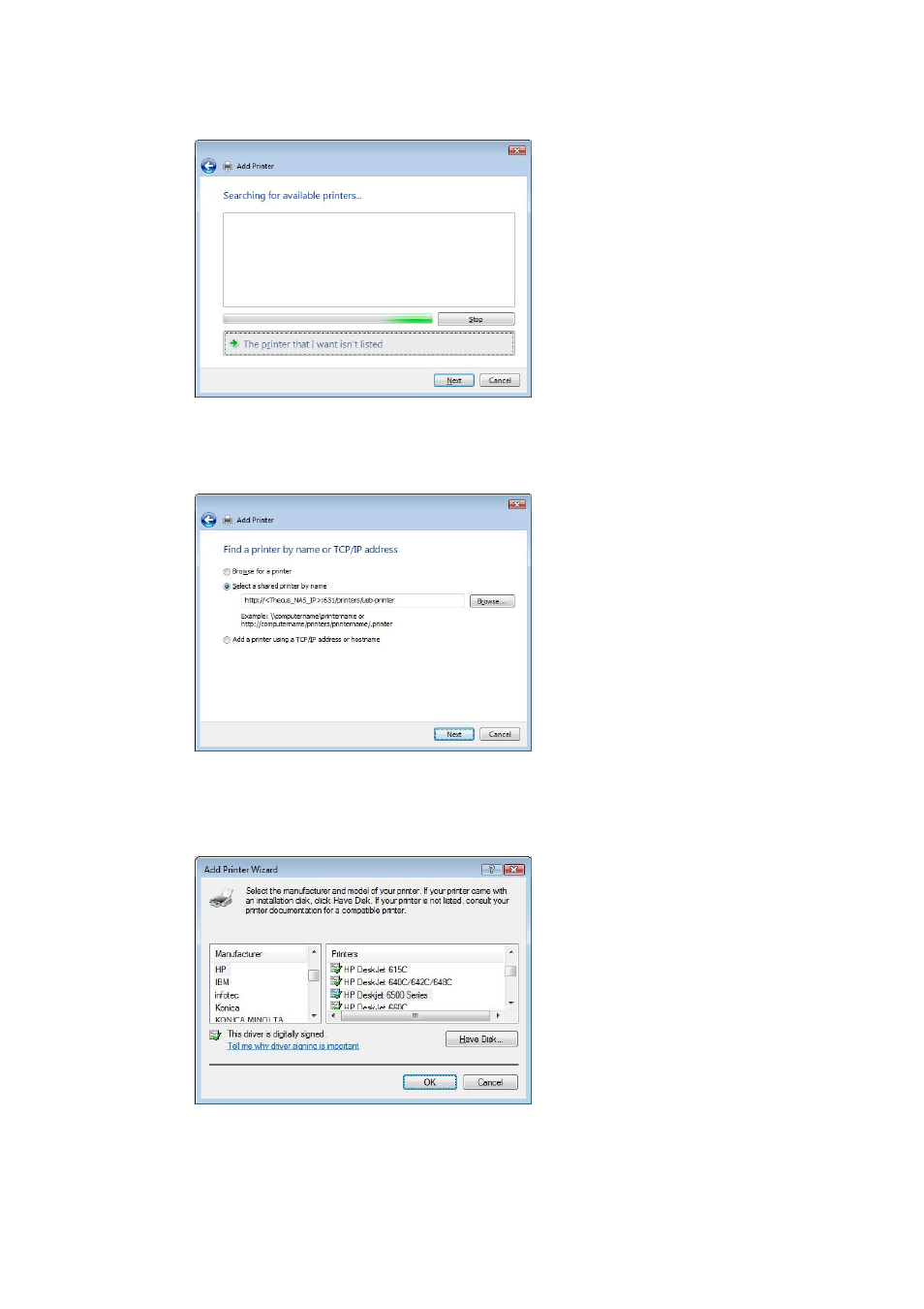 Select the printer that i want isn’t listed, Click select a shared printer by name, Select or install a printer and then press ok | Thecus Technology M3800 User Manual | Page 70 / 104