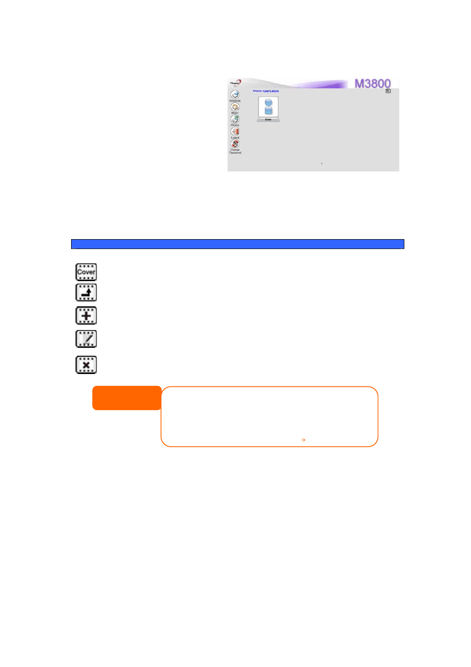 Using photo gallery, Managing albums and photos, Creating albums | To create a photo album, follow the steps below, Click the add button to create a new album, Password protecting albums, Using, Photo gallery | Thecus Technology M3800 User Manual | Page 75 / 104