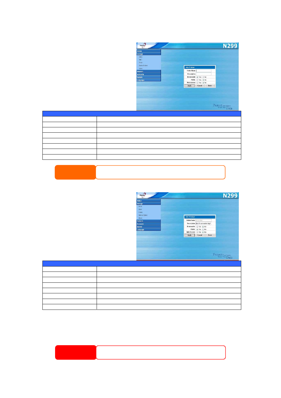 Adding folders, Editing folders, Deleting folders | Warning | Thecus Technology N299 User Manual | Page 27 / 94