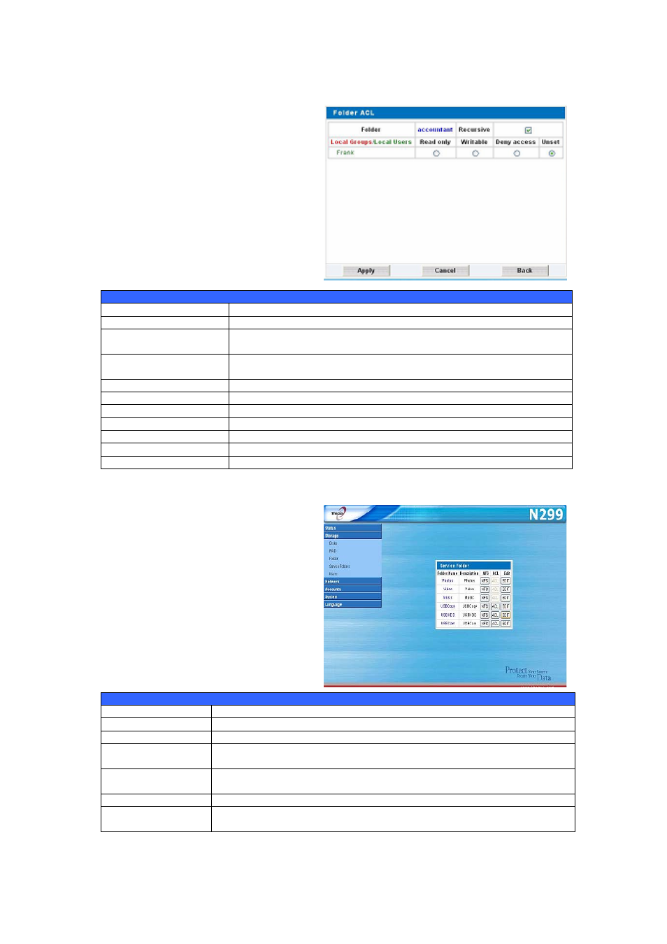 Folder access control list (acl), Service folders, Folder | Access control list (acl) | Thecus Technology N299 User Manual | Page 28 / 94