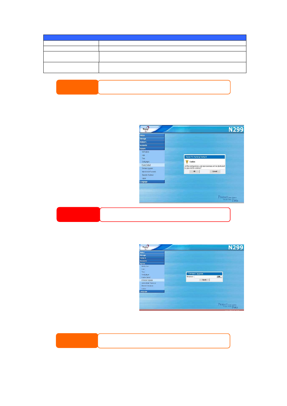 Reset to factory default settings, Upgrading system firmware, Follow the steps below to upgrade your firmware | Use the browse button to find the firmware file, Press apply, Warning | Thecus Technology N299 User Manual | Page 39 / 94