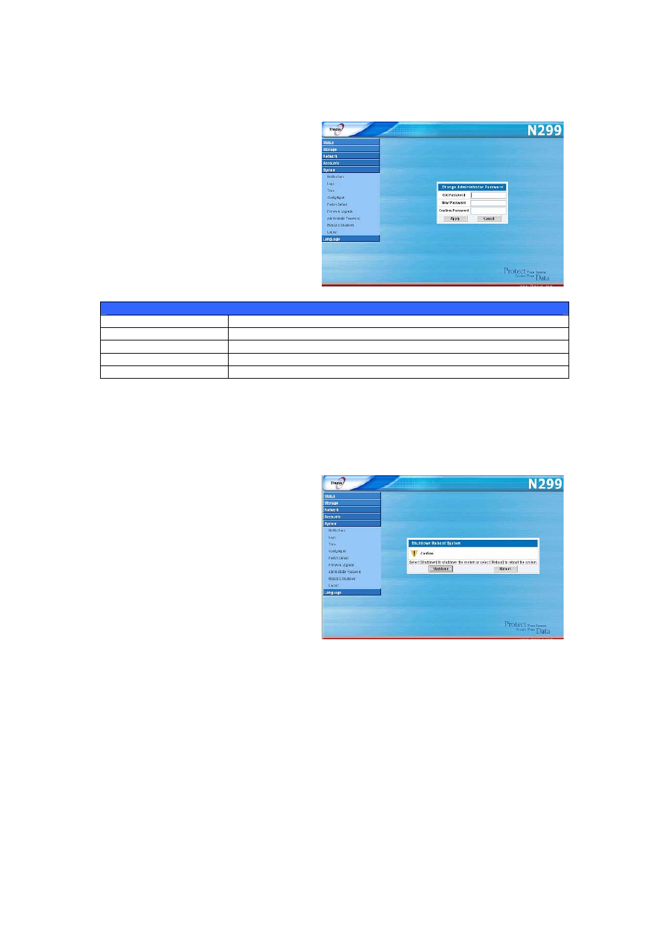 Change administrator password, Reboot and shutdown system, Logout | Thecus Technology N299 User Manual | Page 40 / 94