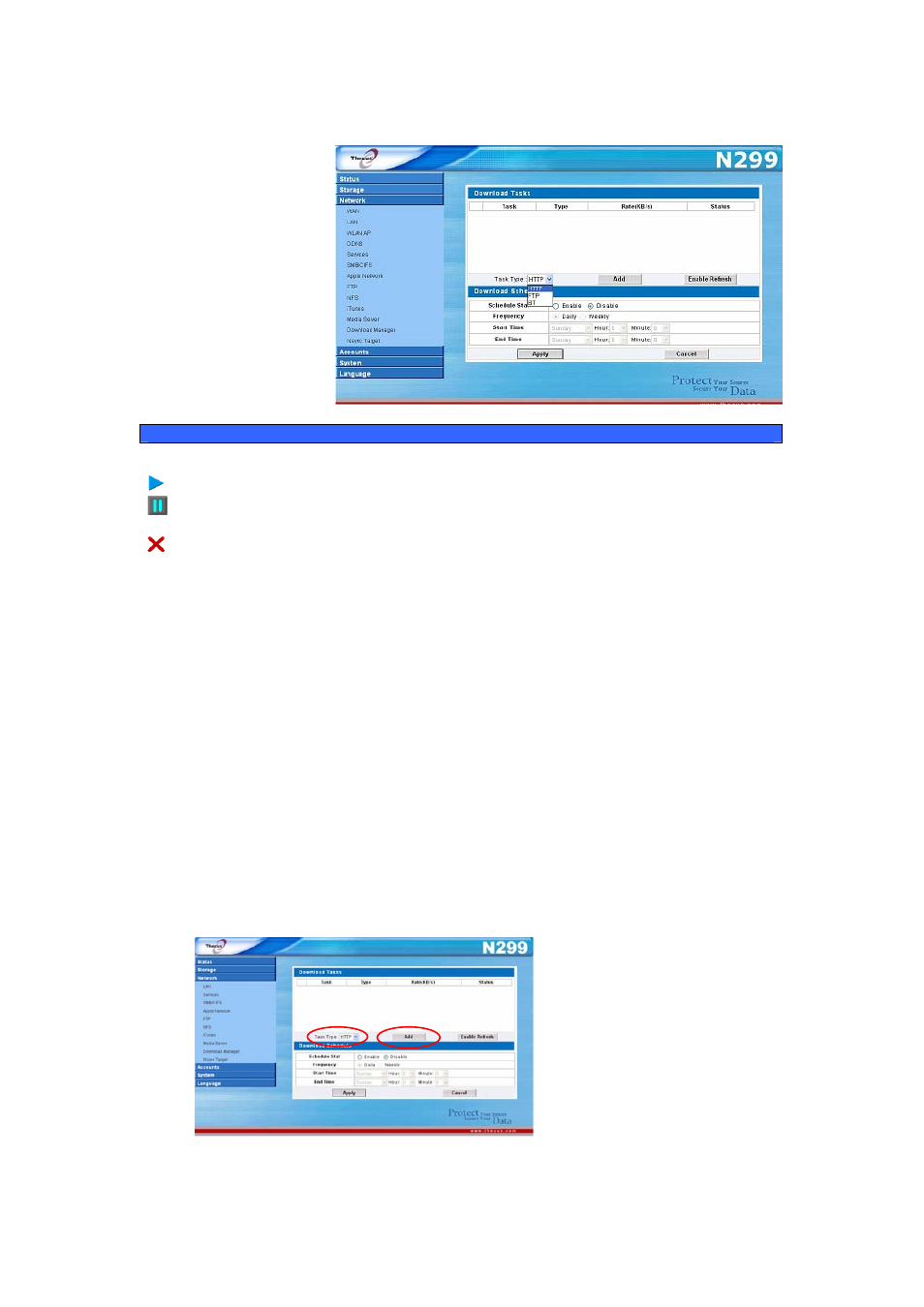 Download manager, Adding an http task | Thecus Technology N299 User Manual | Page 44 / 94