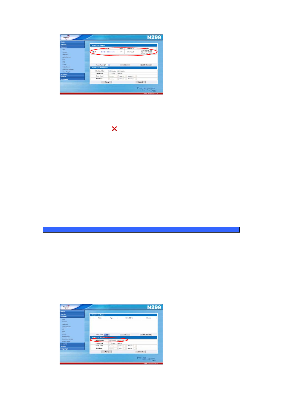 Deleting tasks, To delete a task, simply follow the steps below, Scheduling downloads | To schedule downloads, follow these steps, Under download schedule, set scheduler to enable | Thecus Technology N299 User Manual | Page 52 / 94