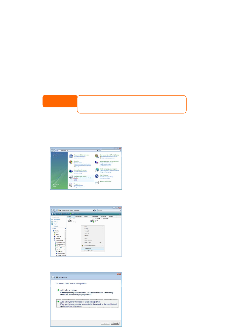 Click finish, Windows vista, Open printer folder from the control panel | Thecus Technology N299 User Manual | Page 54 / 94