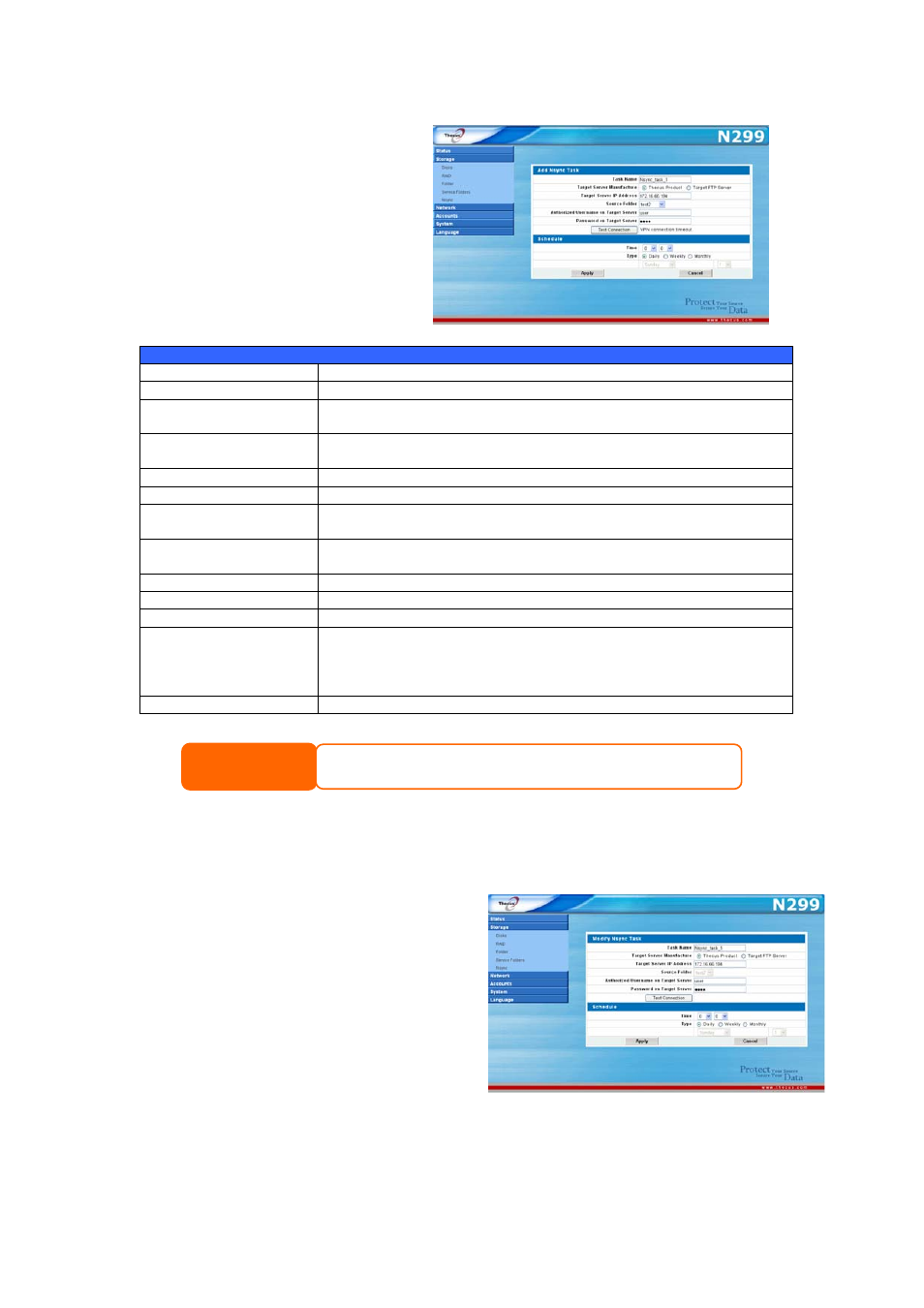 Adding an nsync task, Modifiying an nsync task, Change the settings for your nsync task | Click apply to save your settings, Deleting an nsync task | Thecus Technology N299 User Manual | Page 71 / 94