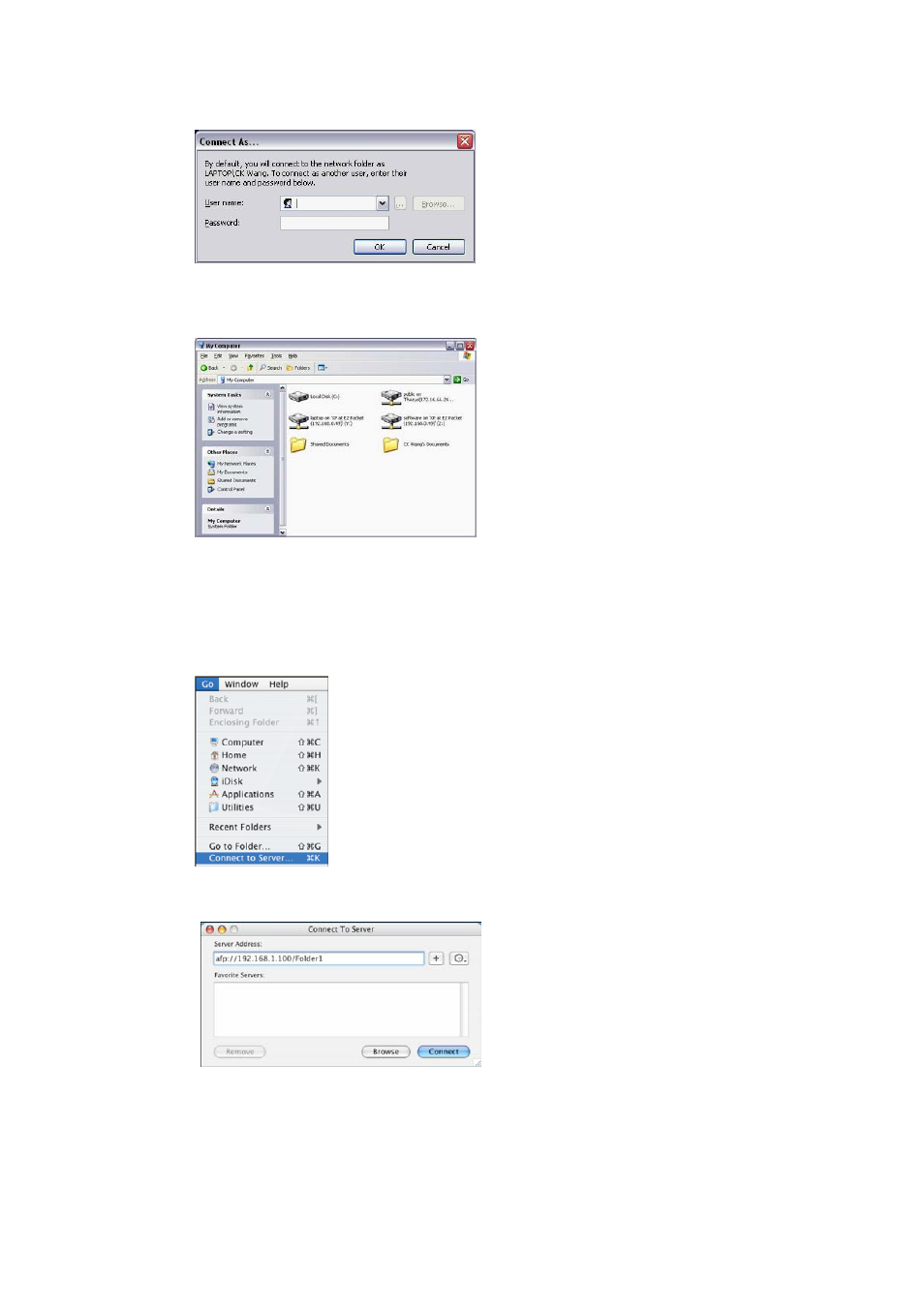 Apple os x, Choose go > connect to server, When connecting using smb/cifs protocol, type | Smb://192.168.1.100/folder1, When connecting using afp protocol, type, Afp://192.168.1.100/folder1, Click connect | Thecus Technology N299 User Manual | Page 77 / 94