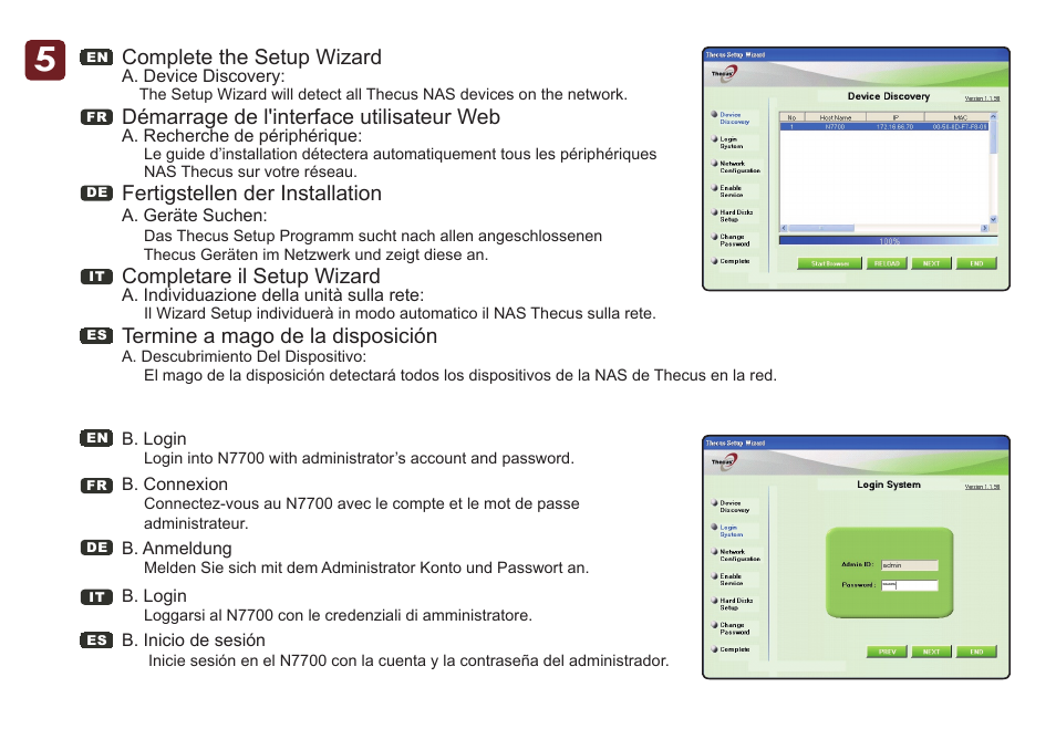 Complete the setup wizard, Démarrage de l'interface utilisateur web, Completare il setup wizard | Termine a mago de la disposición, Fertigstellen der installation | Thecus Technology IP Storage Server N7700 User Manual | Page 4 / 6