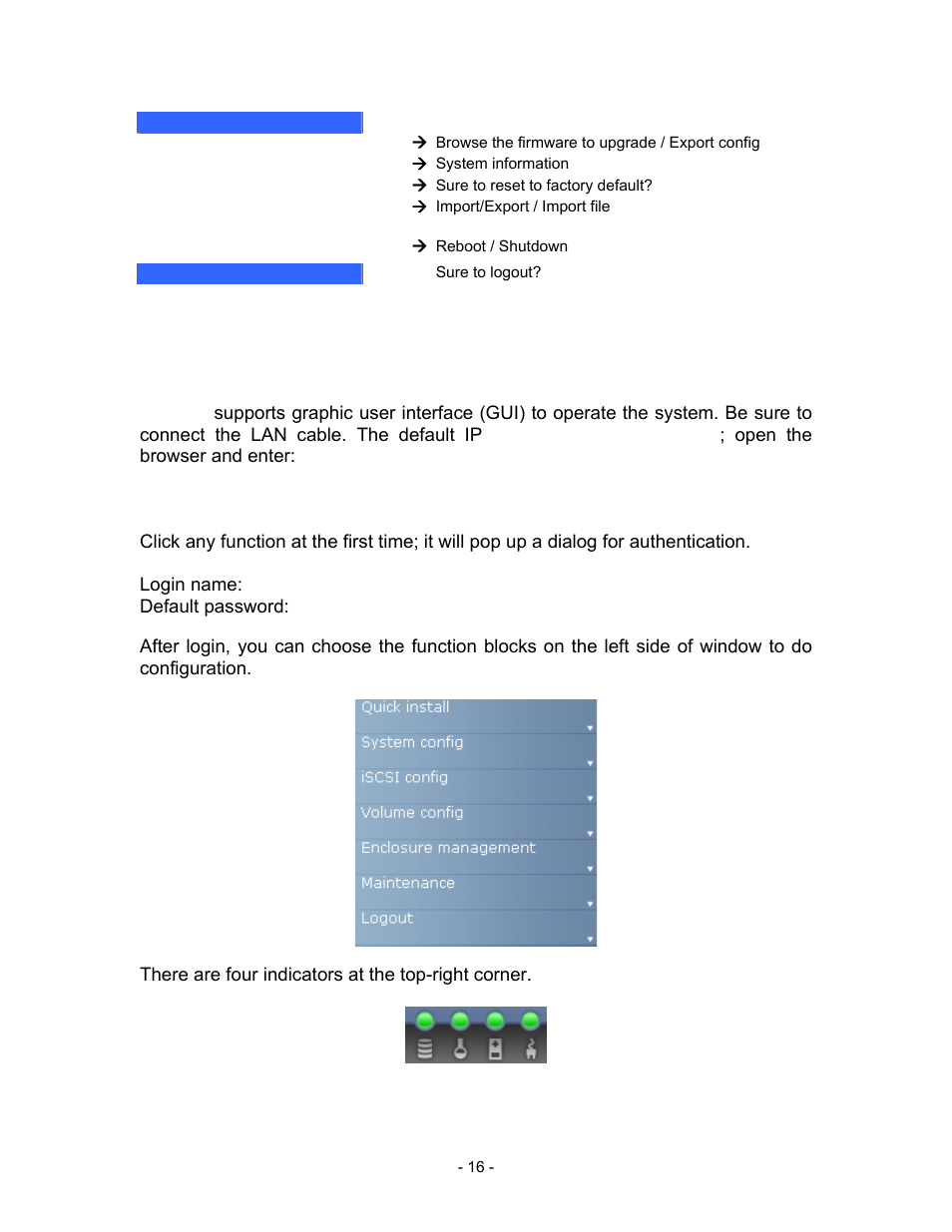 Maintenance, Upgrade, Browse the firmware to upgrade / export config | Info, System information, Reset to default, Sure to reset to factory default, Config import &export, Import/export / import file, Shutdown | Thecus Technology i Series User Manual | Page 16 / 91