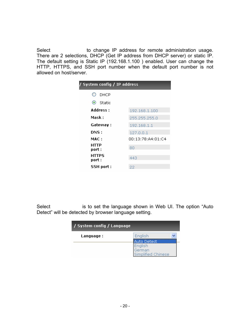 2 ip address, Figure 3.4.2.1, 3 language | Figure 3.4.3.1 | Thecus Technology i Series User Manual | Page 20 / 91