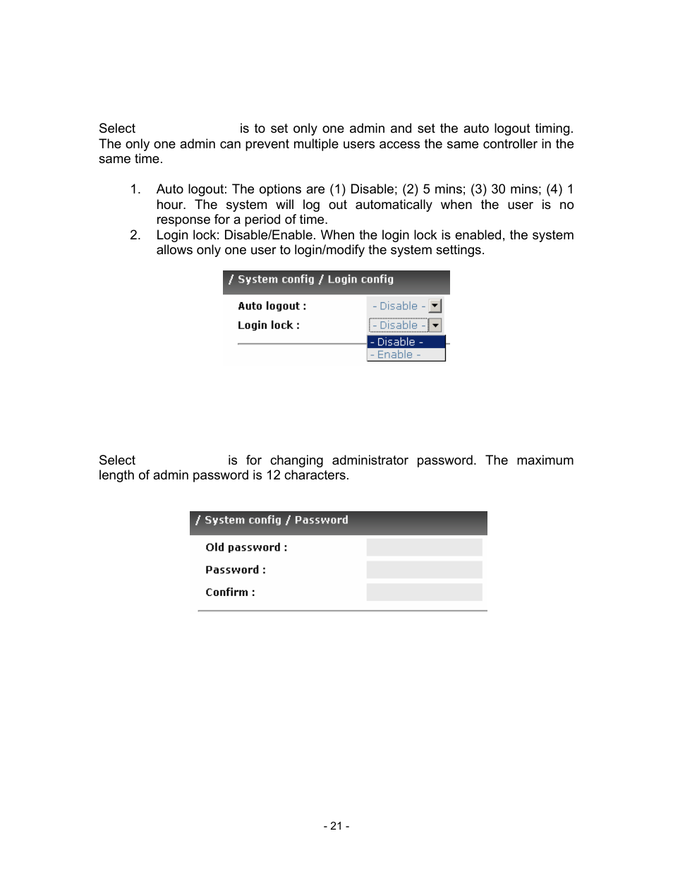 4 login config, Figure 3.4.4.1, 5 password | Figure 3.4.5.1 | Thecus Technology i Series User Manual | Page 21 / 91