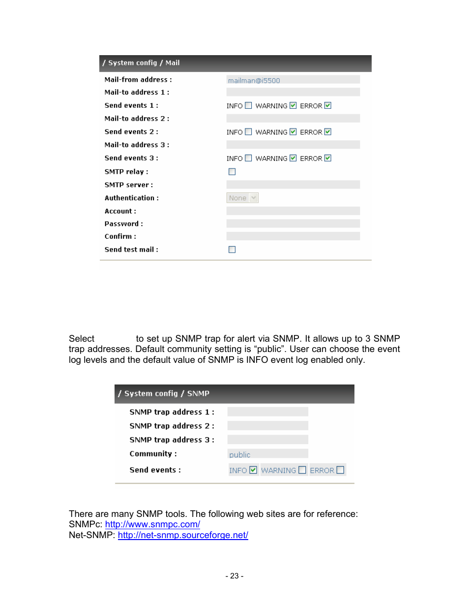 Figure 3.4.7.1, 8 snmp, Figure 3.4.8.1 | Snmpc: http://www.snmpc.com, Net-snmp: http://net-snmp.sourceforge.net | Thecus Technology i Series User Manual | Page 23 / 91