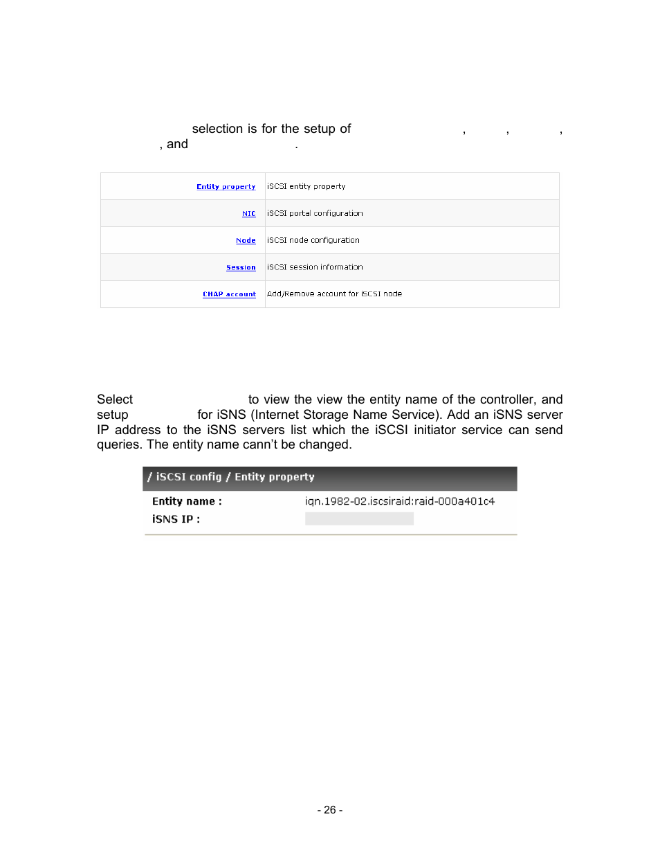 5 iscsi config, Figure 3.5.1, 1 entity property | Figure 3.5.1.1 | Thecus Technology i Series User Manual | Page 26 / 91