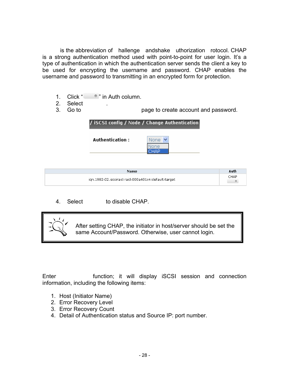 Chap, Click “” in auth column, Select “chap | Figure 3.5.3.2, Figure 3.5.3.3, Select “none” to disable chap, 4 session, Host (initiator name), Error recovery level, Error recovery count | Thecus Technology i Series User Manual | Page 28 / 91