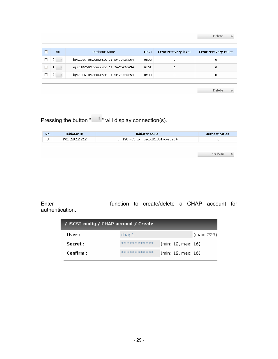 Figure 3.5.4.1, Figure 3.5.4.1: iscsi session.), Pressing the button ““ will display connection(s) | Figure 3.5.4.2, Figure 3.5.4.2: iscsi connection.), 5 chap account, Figure 3.5.5.1 | Thecus Technology i Series User Manual | Page 29 / 91