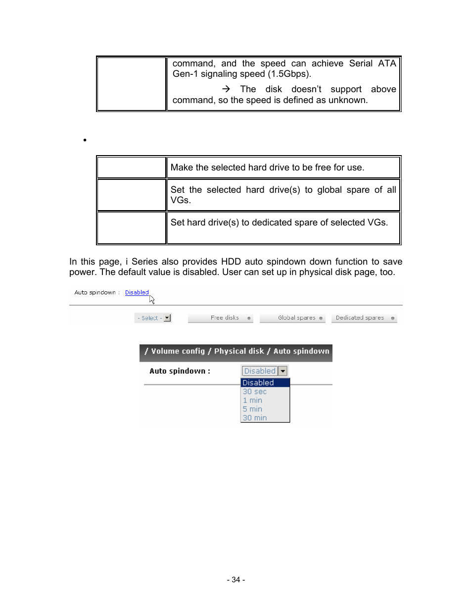 Pd operations description, Free disks, Make the selected hard drive to be free for use | Global spares, Dedicated spares, Figure 3.6.2.2, Figure 3.6.2.3, 3 volume group | Thecus Technology i Series User Manual | Page 34 / 91