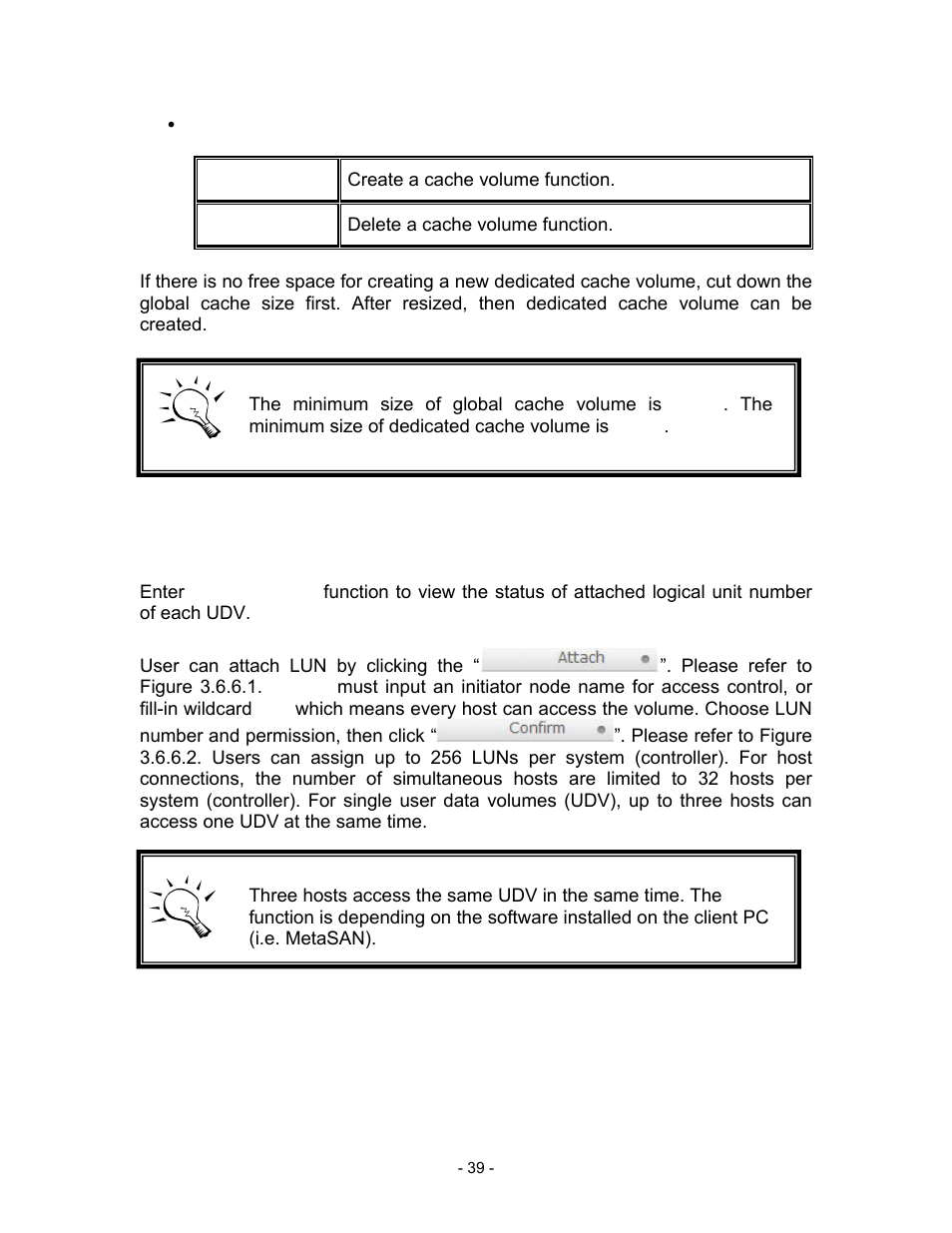 Cv operations description, Create, Create a cache volume function | Delete, Delete a cache volume function, 6 logical unit number | Thecus Technology i Series User Manual | Page 39 / 91