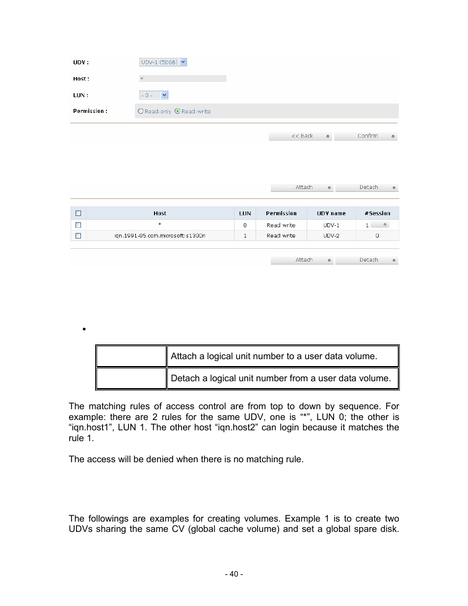 Figure 3.6.6.1, Figure 3.6.6.2, Lun operations description | Attach, Attach a logical unit number to a user data volume, Detach, 7 examples | Thecus Technology i Series User Manual | Page 40 / 91