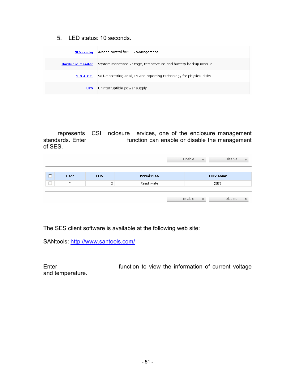 Led status: 10 seconds, Figure 3.7.1, 1 ses configuration | Figure 3.7.1.1, Santools: http://www.santools.com, 2 hardware monitor | Thecus Technology i Series User Manual | Page 51 / 91