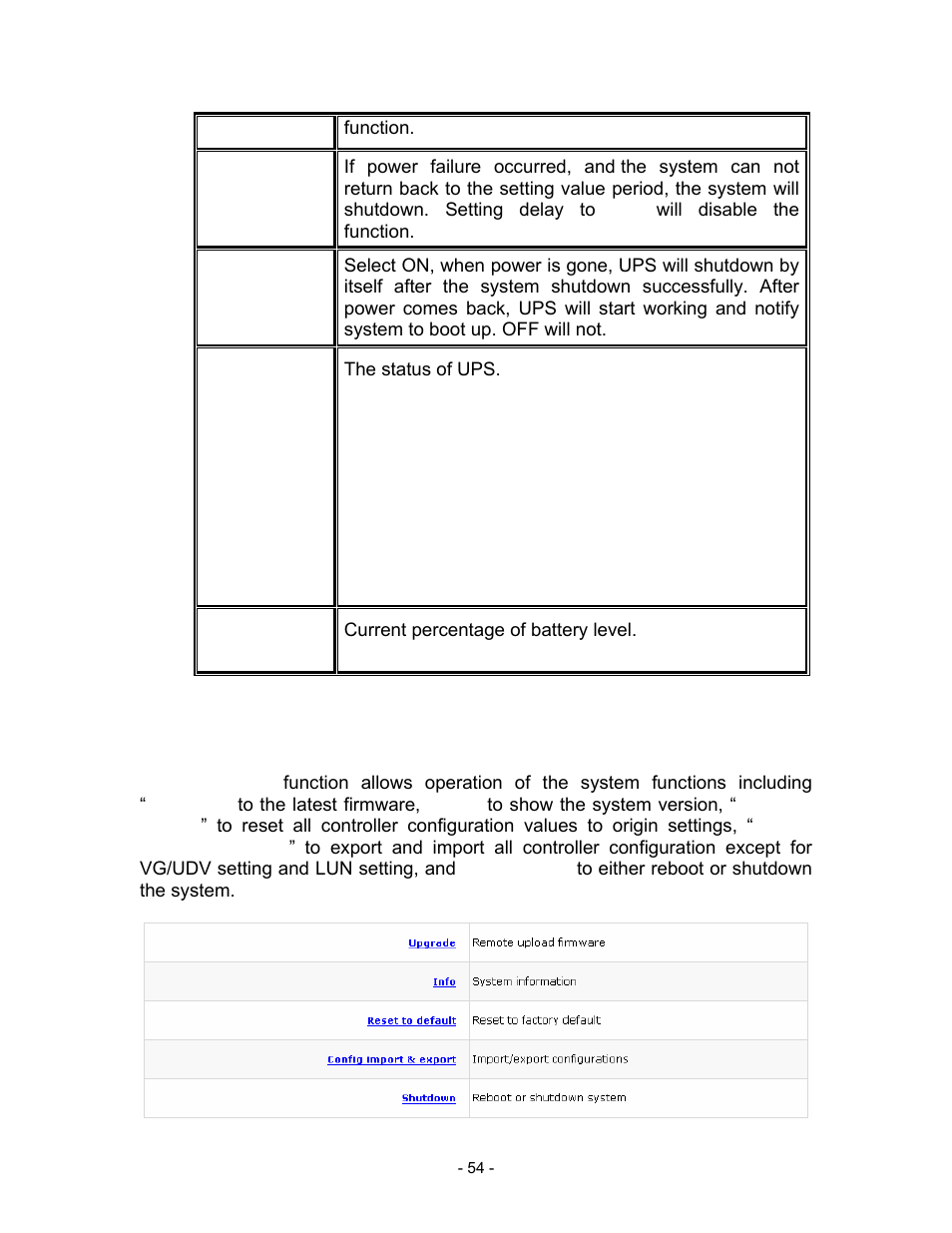 Shutdown delay (s), Shutdown ups, Status | The status of ups, Detecting, Running, Unable to detect ups, Communication lost, Ups reboot in progress, Ups shutdown in progress | Thecus Technology i Series User Manual | Page 54 / 91