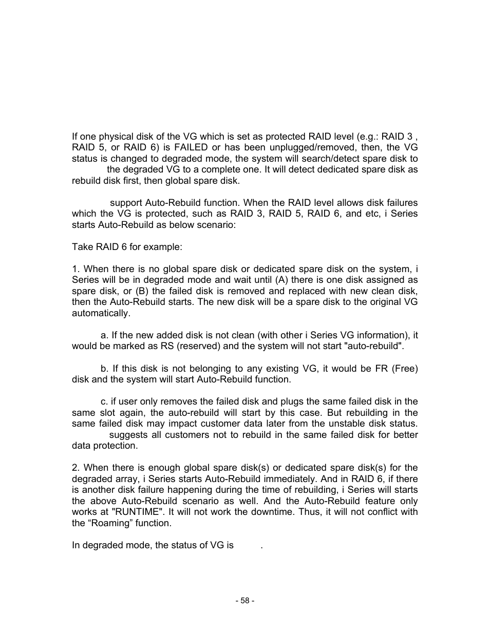 Chapter 4 advanced operation, 1 rebuild, Take raid 6 for example | In degraded mode, the status of vg is “dg | Thecus Technology i Series User Manual | Page 58 / 91