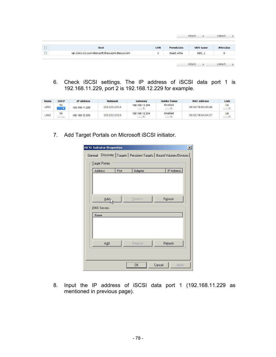 Figure d.6, Figure d.7, Add target portals on microsoft iscsi initiator | Figure d.8 | Thecus Technology i Series User Manual | Page 78 / 91