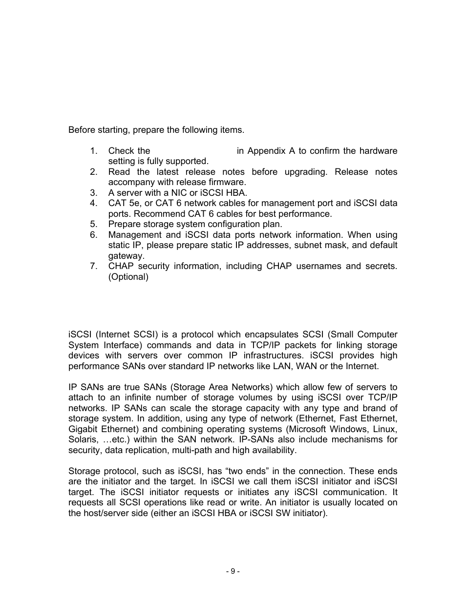 Chapter 2 getting started, 1 before starting, Before starting, prepare the following items | A server with a nic or iscsi hba, Prepare storage system configuration plan, 2 iscsi introduction | Thecus Technology i Series User Manual | Page 9 / 91