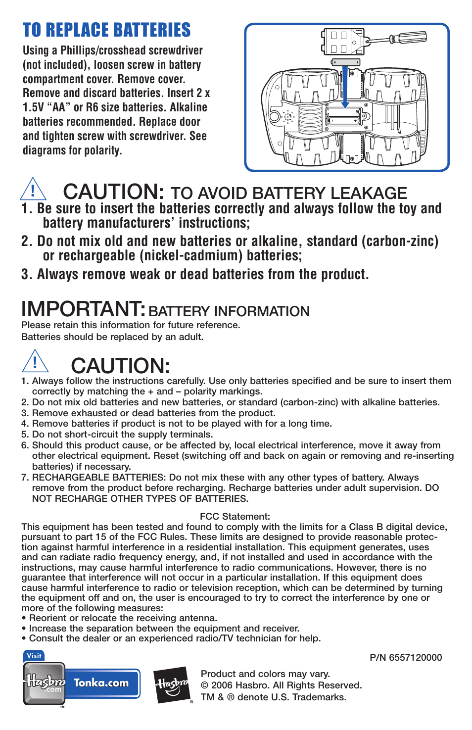 Caution, Important, Battery information | Tonka GUS 'N GOBBLER User Manual | Page 2 / 2