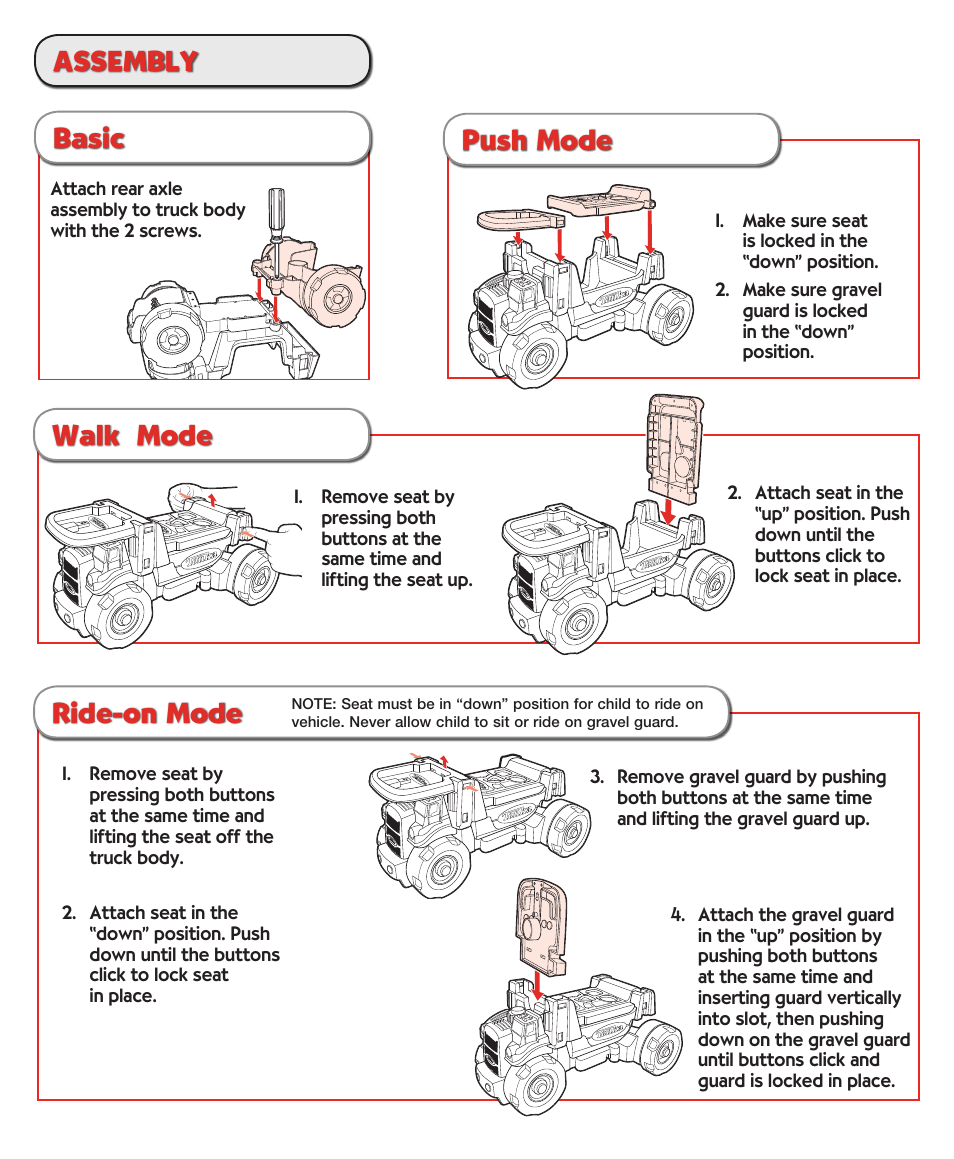 Assembly basic, Push mode, Walk mode | Ride-on mode | Tonka Playskool User Manual | Page 2 / 4