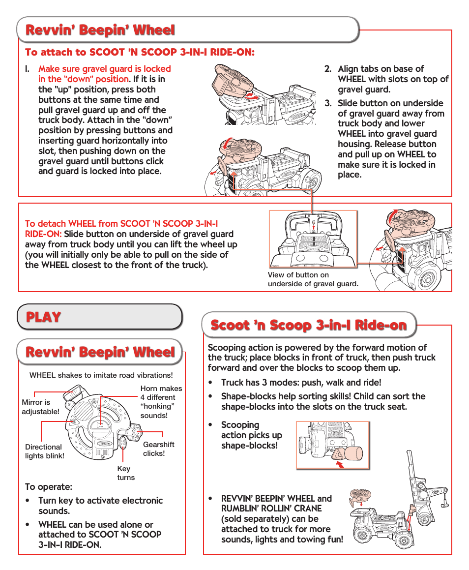 Play revvin’ beepin’ wheel, Revvin’ beepin’ wheel, Scoot ’n scoop 3-in-1 ride-on | Tonka Playskool User Manual | Page 3 / 4