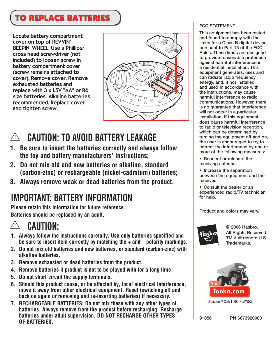 Caution: to avoid battery leakage, Important: battery information, Caution | Tonka Playskool User Manual | Page 4 / 4
