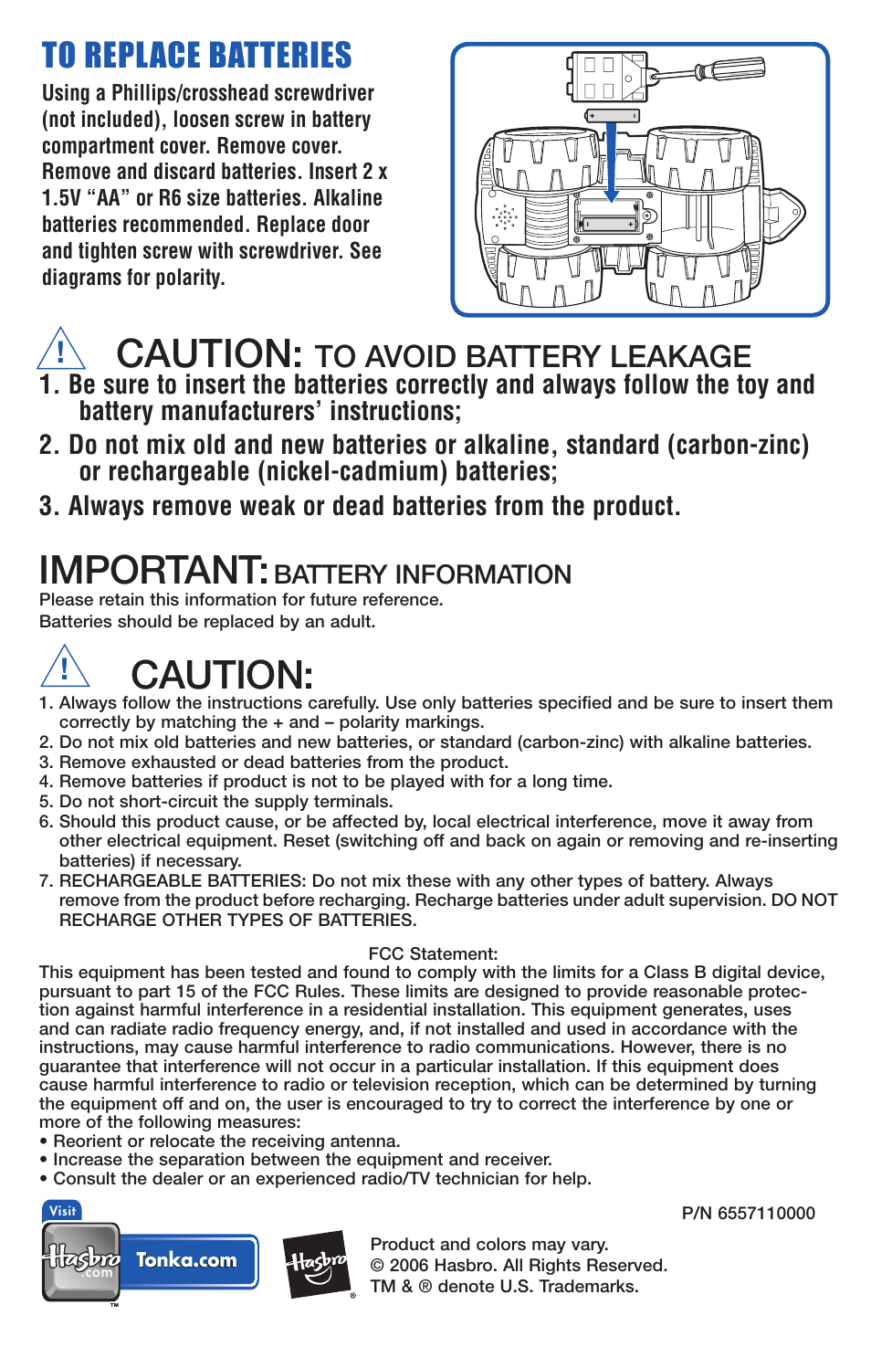 Caution, Important, Battery information | Tonka Boomer User Manual | Page 2 / 2