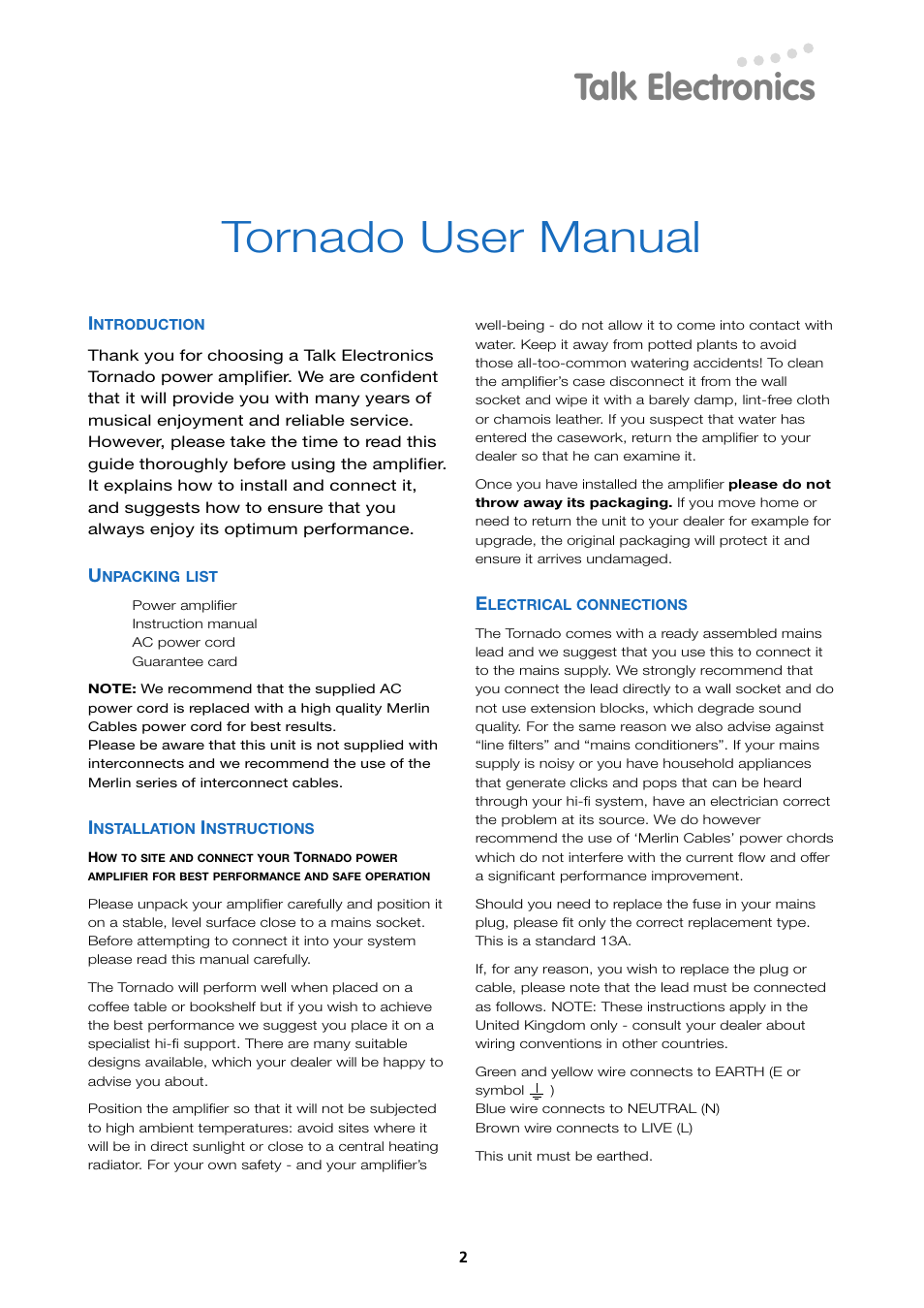 Tornado user manual, Talk electronics | Talk electronic Tornado 3.1B Power Amplifier User Manual | Page 2 / 6