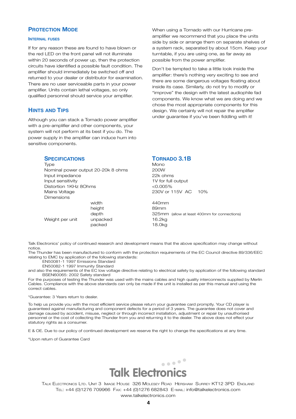 Talk electronics | Talk electronic Tornado 3.1B Power Amplifier User Manual | Page 4 / 6