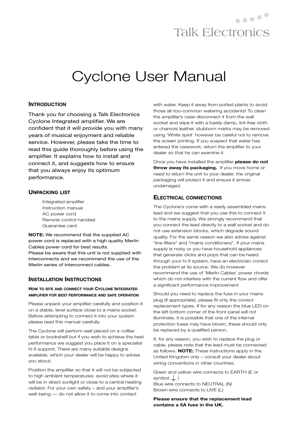 Cyclone user manual, Talk electronics | Talk electronic Cyclone User Manual | Page 2 / 5
