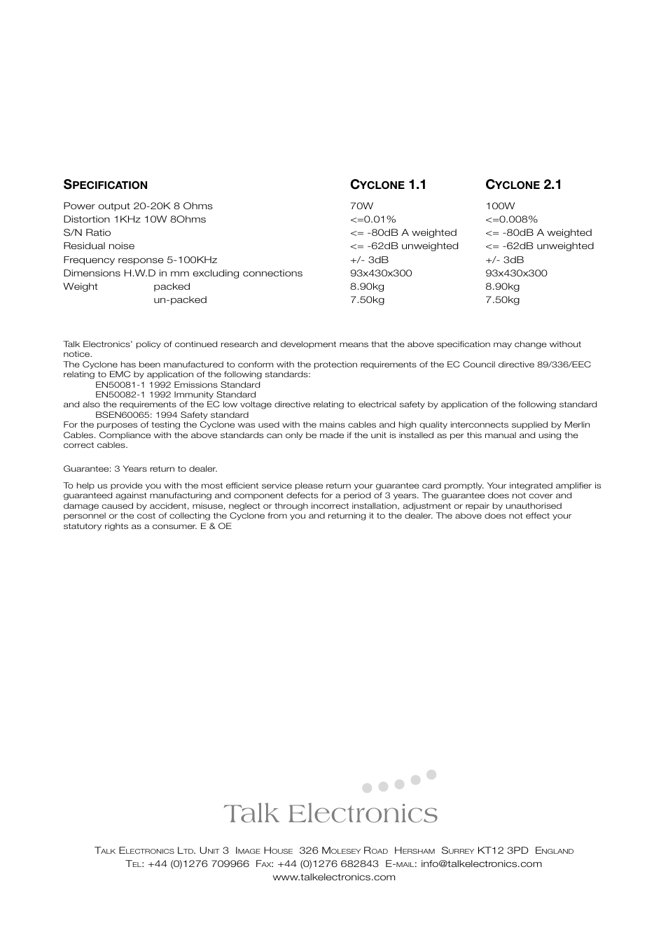 Talk electronics | Talk electronic Cyclone User Manual | Page 5 / 5